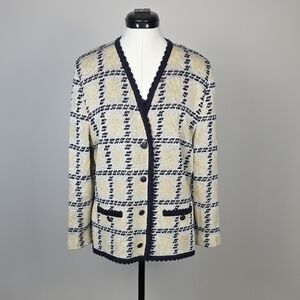 Vintage Tricoville Plaid Cardigan Sweater Jacket — Wool Blend, Button Front, 14